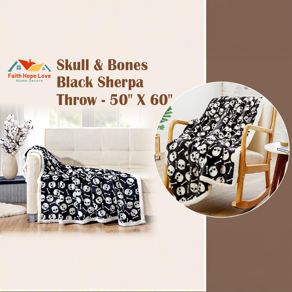 Skull & Bones Black Sherpa Throw Blanket Soft & Cozy Fleece, Gothic Skeleton Design, 50" x 60