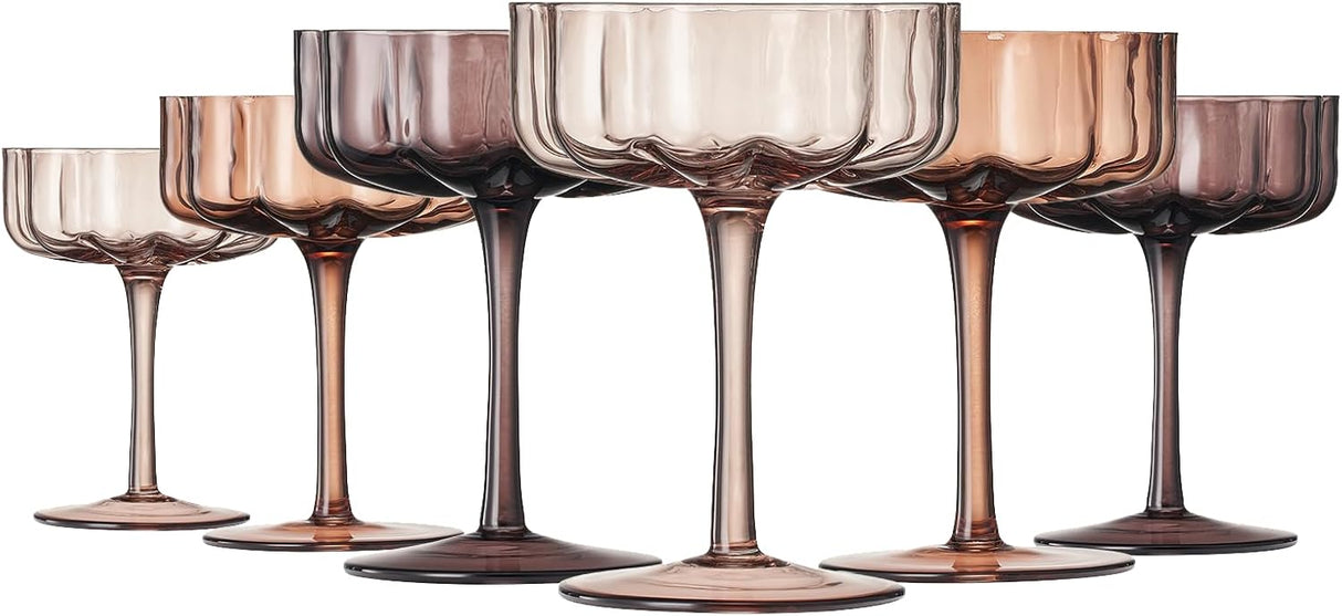 Flower Wave Coupe Cocktail Colored Glasses | Set of 6 | Venus Brown Colors