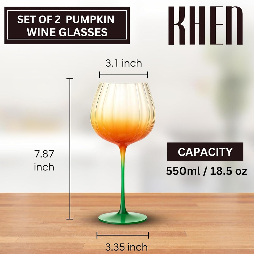 Khen Pumpkin Wine Glasses Fall Inspired Lightweight - Set of 2 Orange & Green