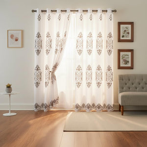 Embroidered Medallion Curtain Set – 2 Panel Window Drapes with Attached Backing & Matching Valance