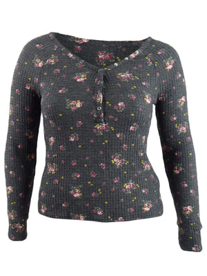 Ultra Flirt Junior Womens Floral Print Waffle Texture Henley Top Black Floral Size Large