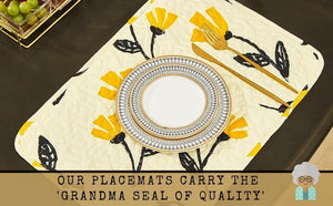 DaDa Bedding Botanical Floral Dining Table Placemats - Set of 4-Pieces Quilted Ivory with Yellow Fleur Golden Orange Spring Time Tulips - 13 x 19