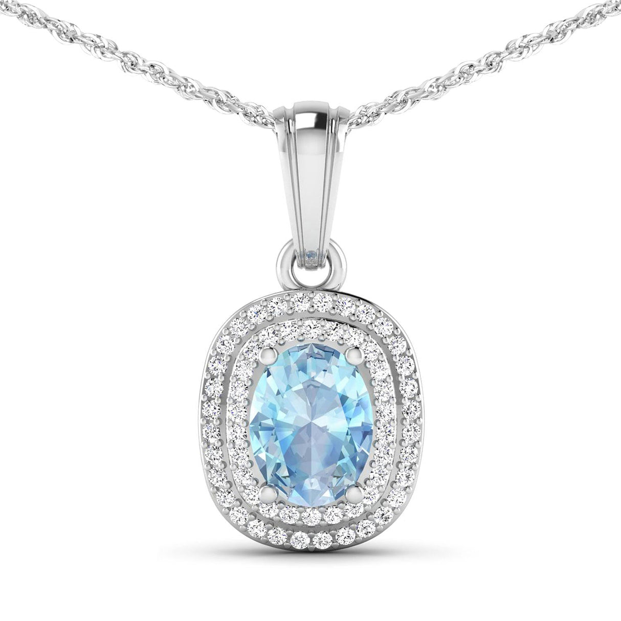1.35 Carat Genuine Aquamarine and White Diamond 14K White Gold Pendant