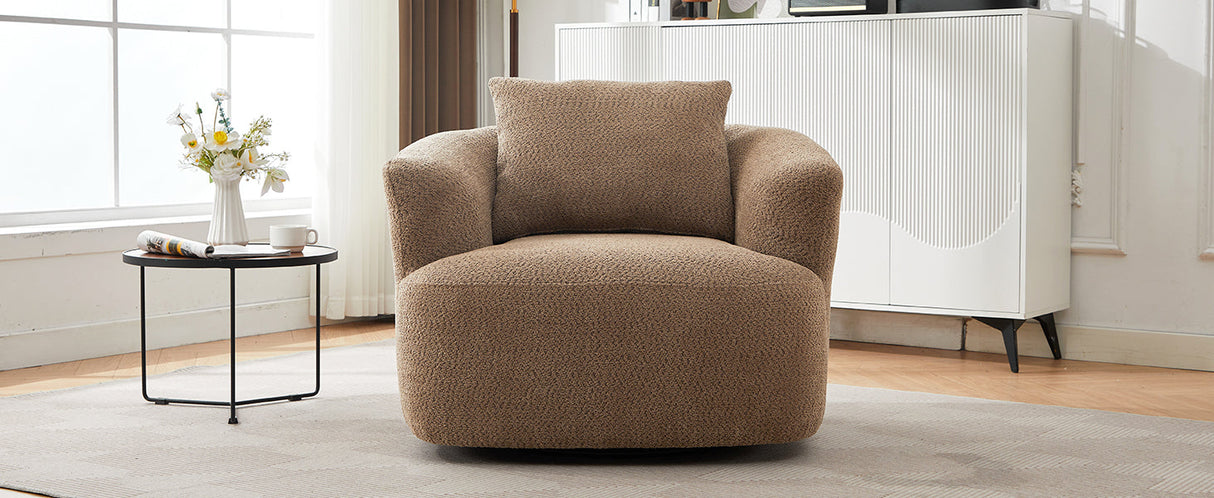 Chenille Upholstered 360° Swivel Chair with Throw Pillow, Dark Brown