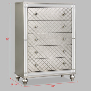 5 Drawer Bedroom Chest with Diamond Patterned Fronts - Silver
