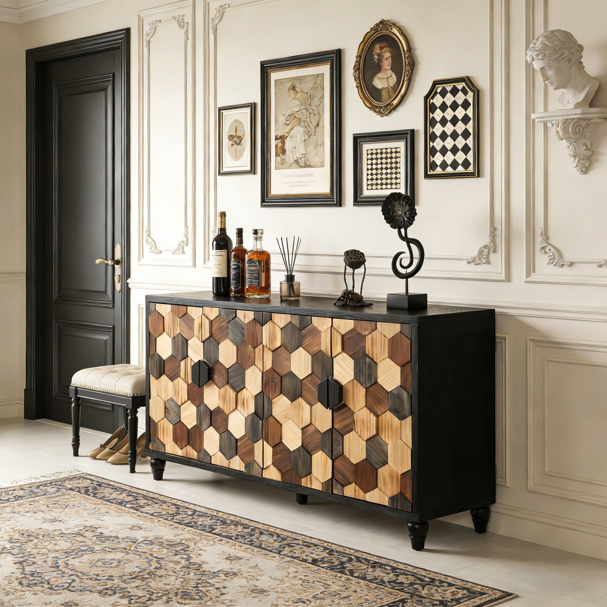 Distressed Storage Cabinet with Honeycomb Pattern