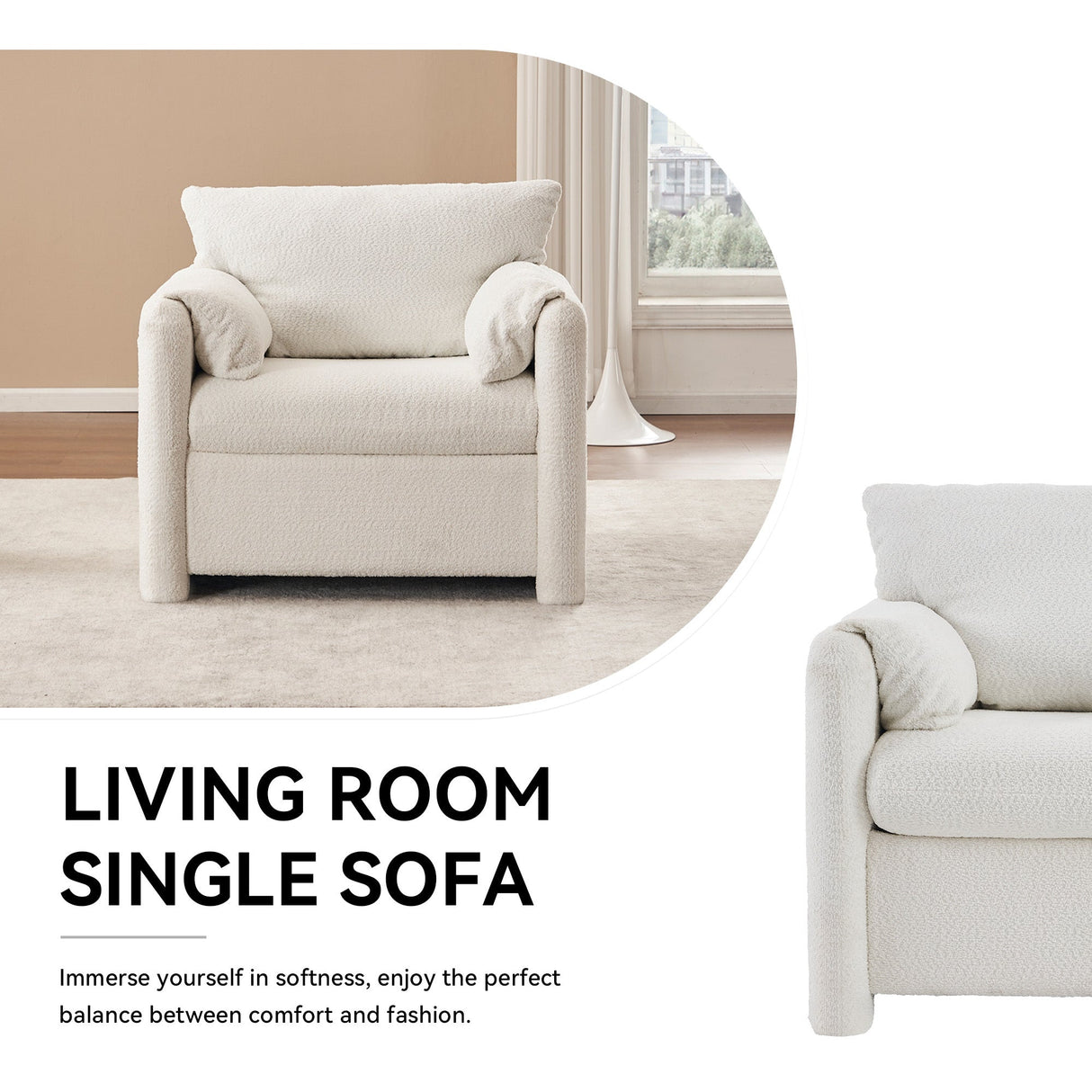 002 Fixed-Modern Accent Chair Single Seater Ivory White