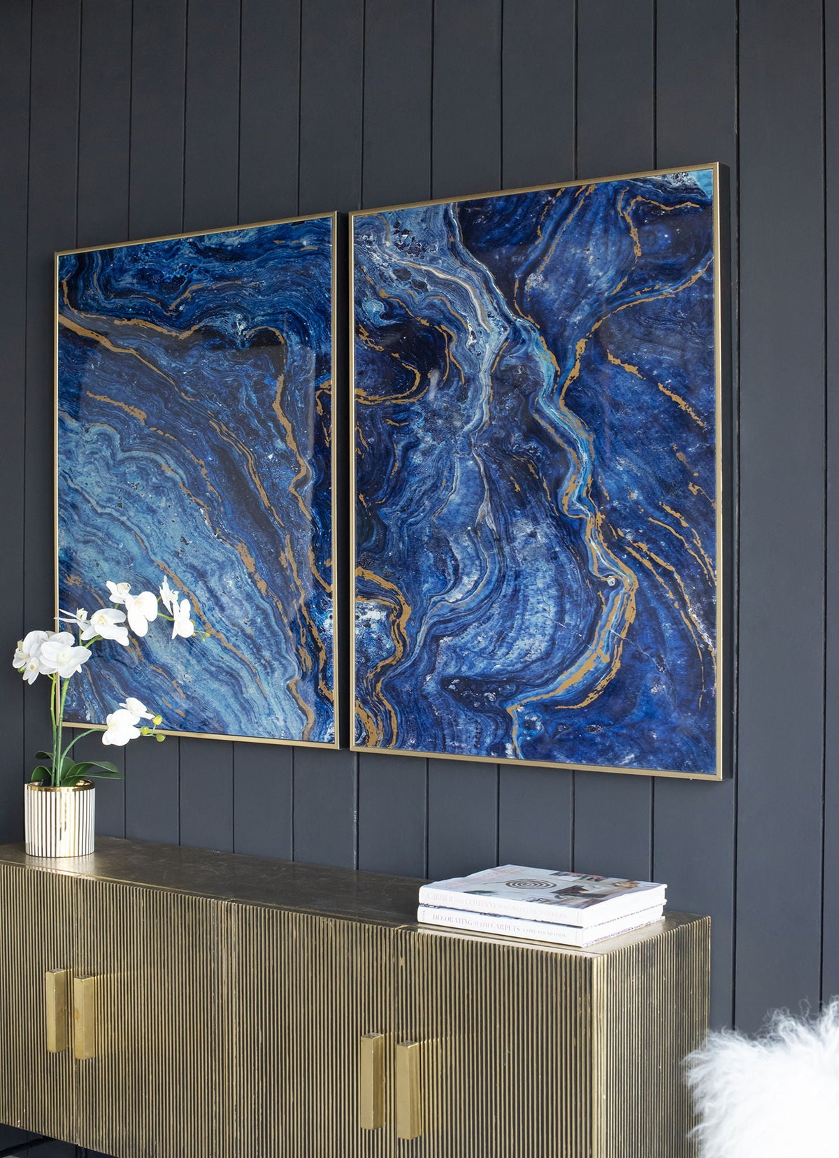 Framed Art Panels, Unique Marbled Design (Set of 2) - Blue