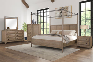 Queen Canopy Bedroom Set With A 2 Drawer Nightstand A Dresser With Poster Mirror And A Door Chest - Sand