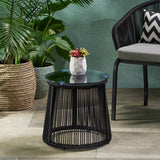 Moonstone Handwoven Rope Outdoor Side Table with Tempered Glass Top
