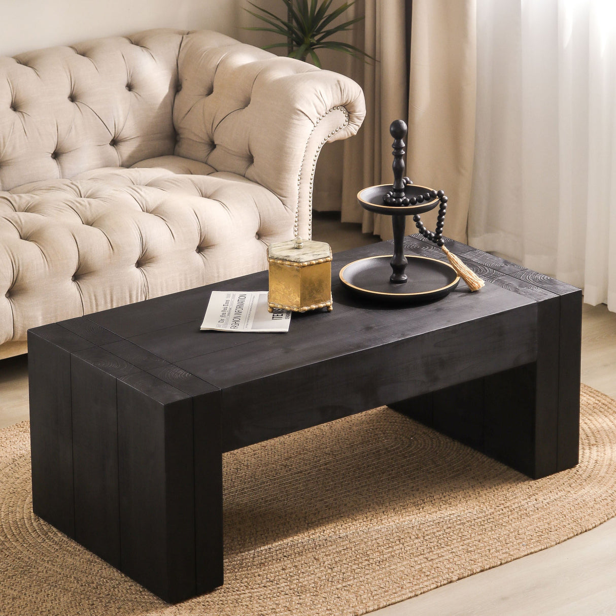 Modern Black Solid Wood Coffee Table, 49in Rectangular Coffee Table for Living Room, Farmhouse & Contemporary Decor