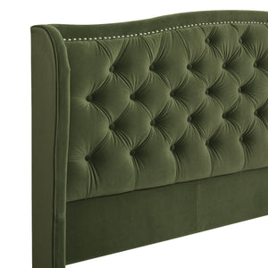 Marcella Upholstered Shelter Headboard Bed Set, King, Olive Green Performance Velvet