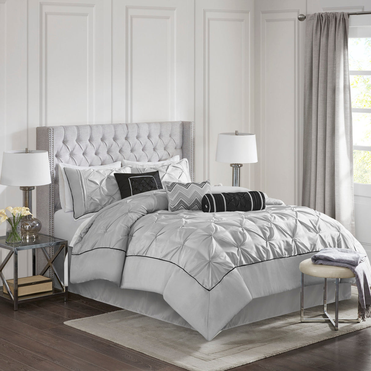 7-Piece King 100% Polyester Pieced Pleated Tufted Comforter Set