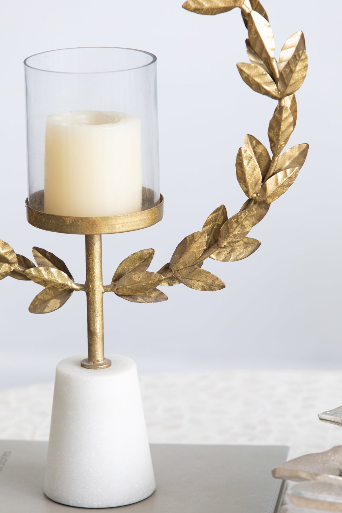 Iron Floral Hurricane Table Lamp with Marble Base - Gold & White