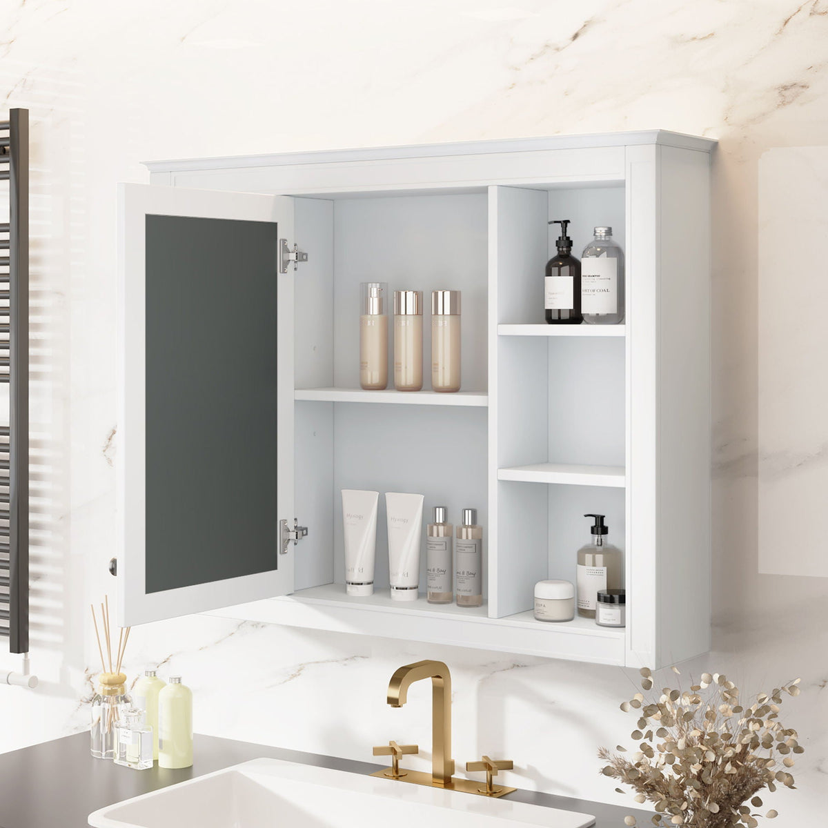 Wall Mounted Medicine Cabinet With Mirror, Storage Cabinet Featuring 6 Open Shelves And Adjustable Interior