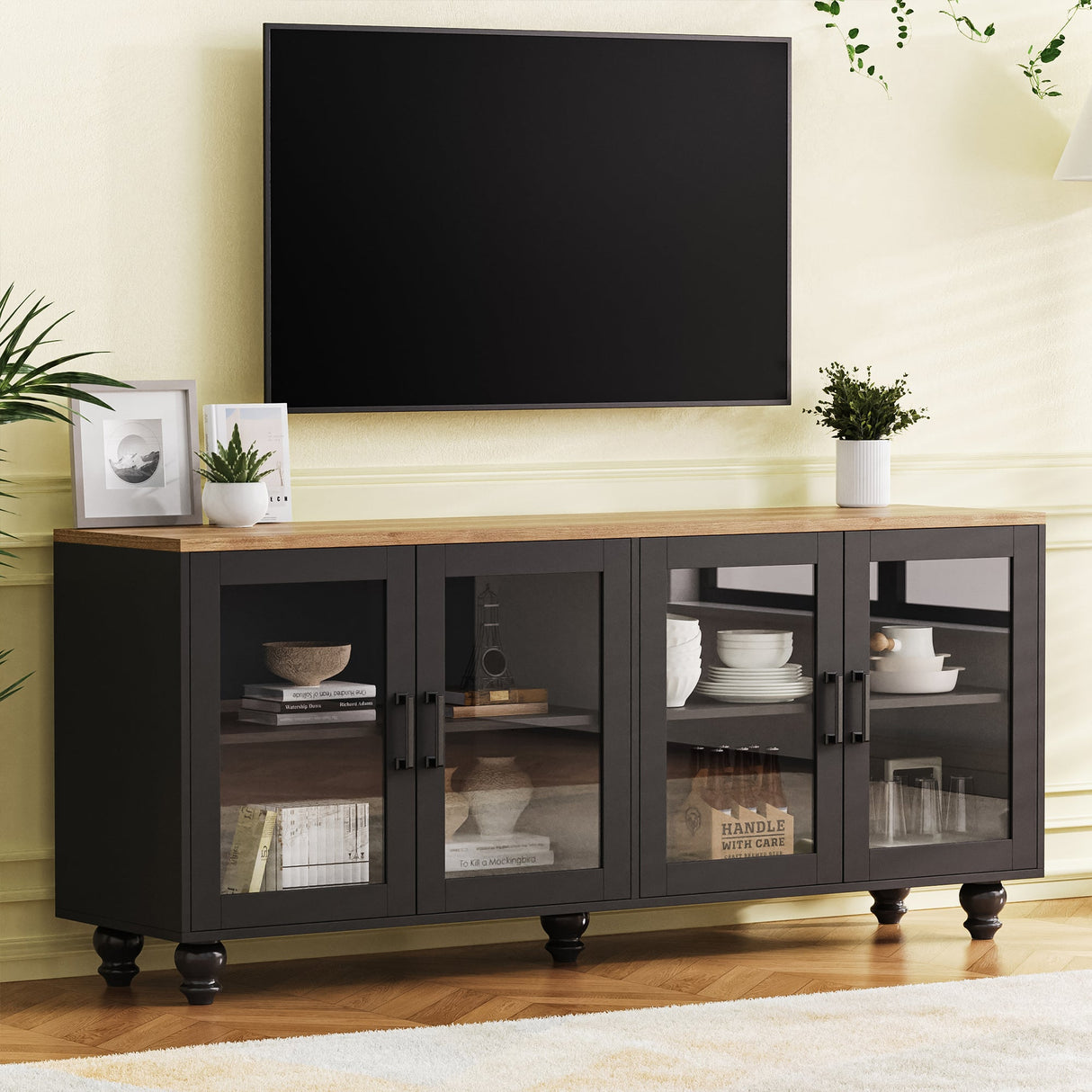 ON-TREND Farmhouse TV Stand with Tempered Glass Doors