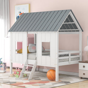 Twin Size Low Loft House Bed With Roof And 2 Front Windows - White