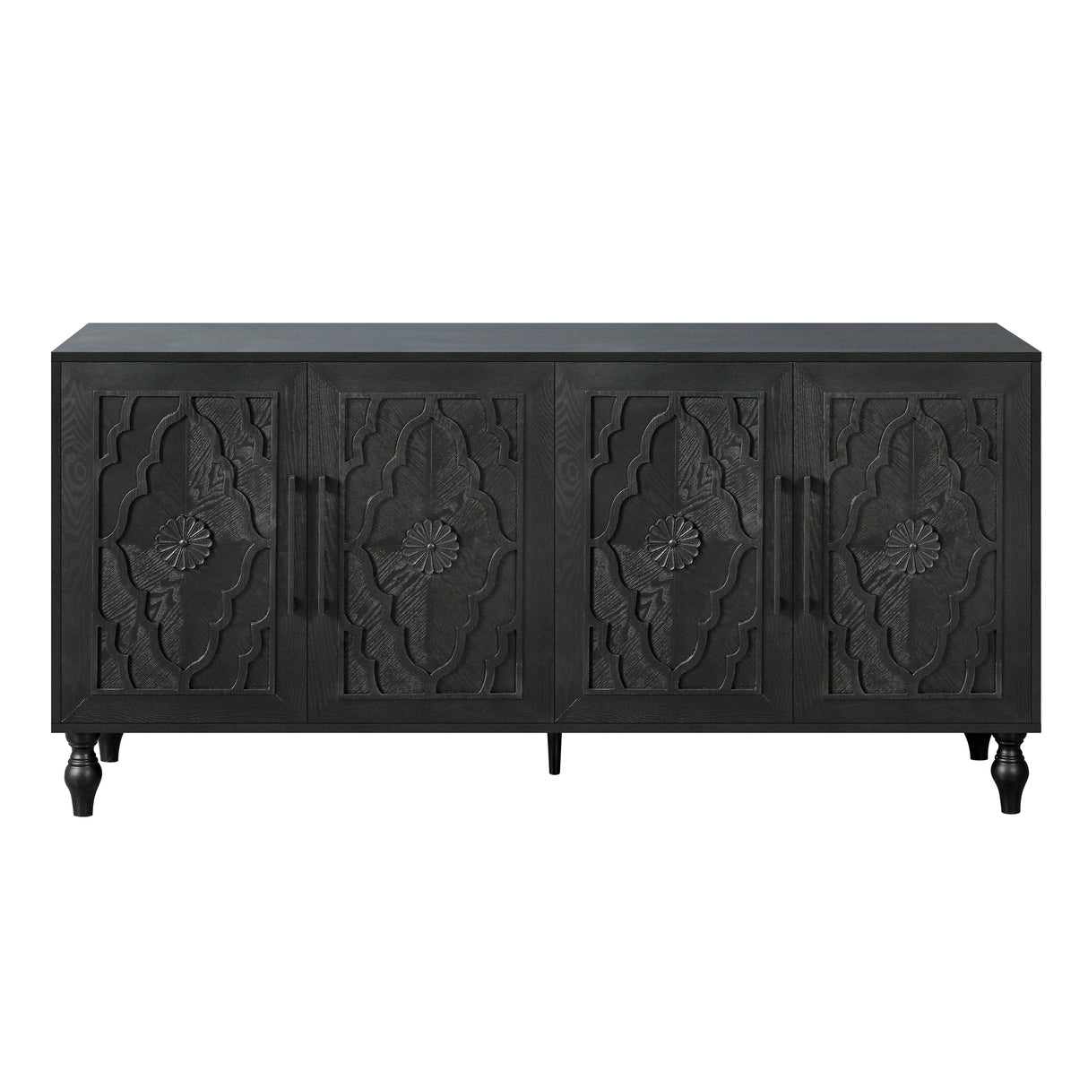 Carved flower door large storage cabinet with metal handle (black)