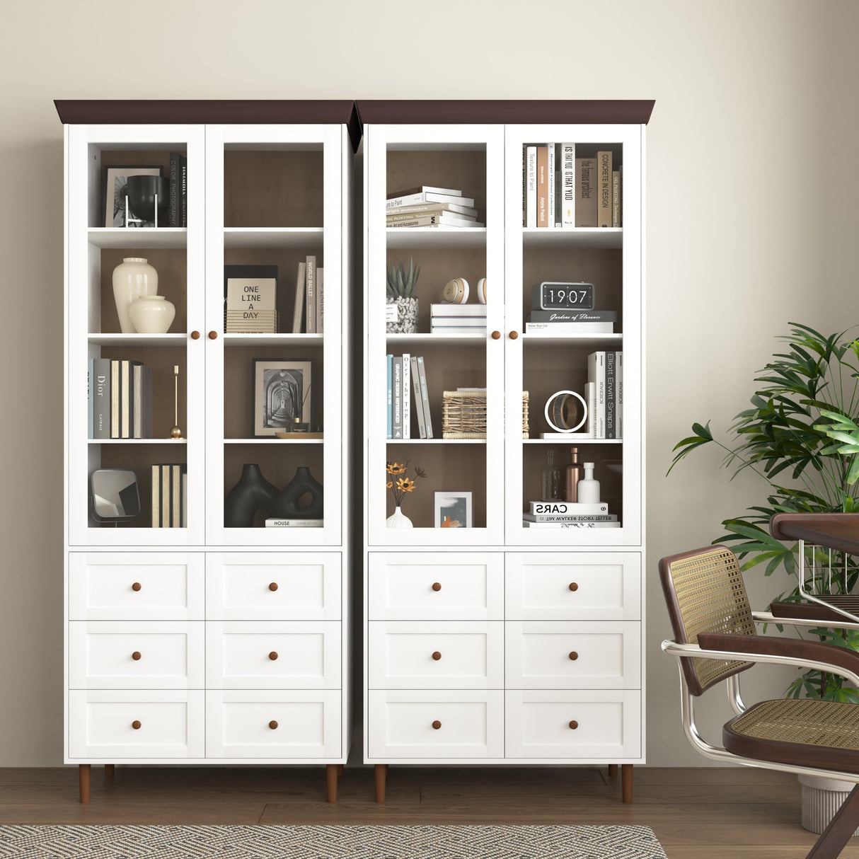 White MDF Display Storage Cabinet with Glass Doors and Adjustable Shelves
