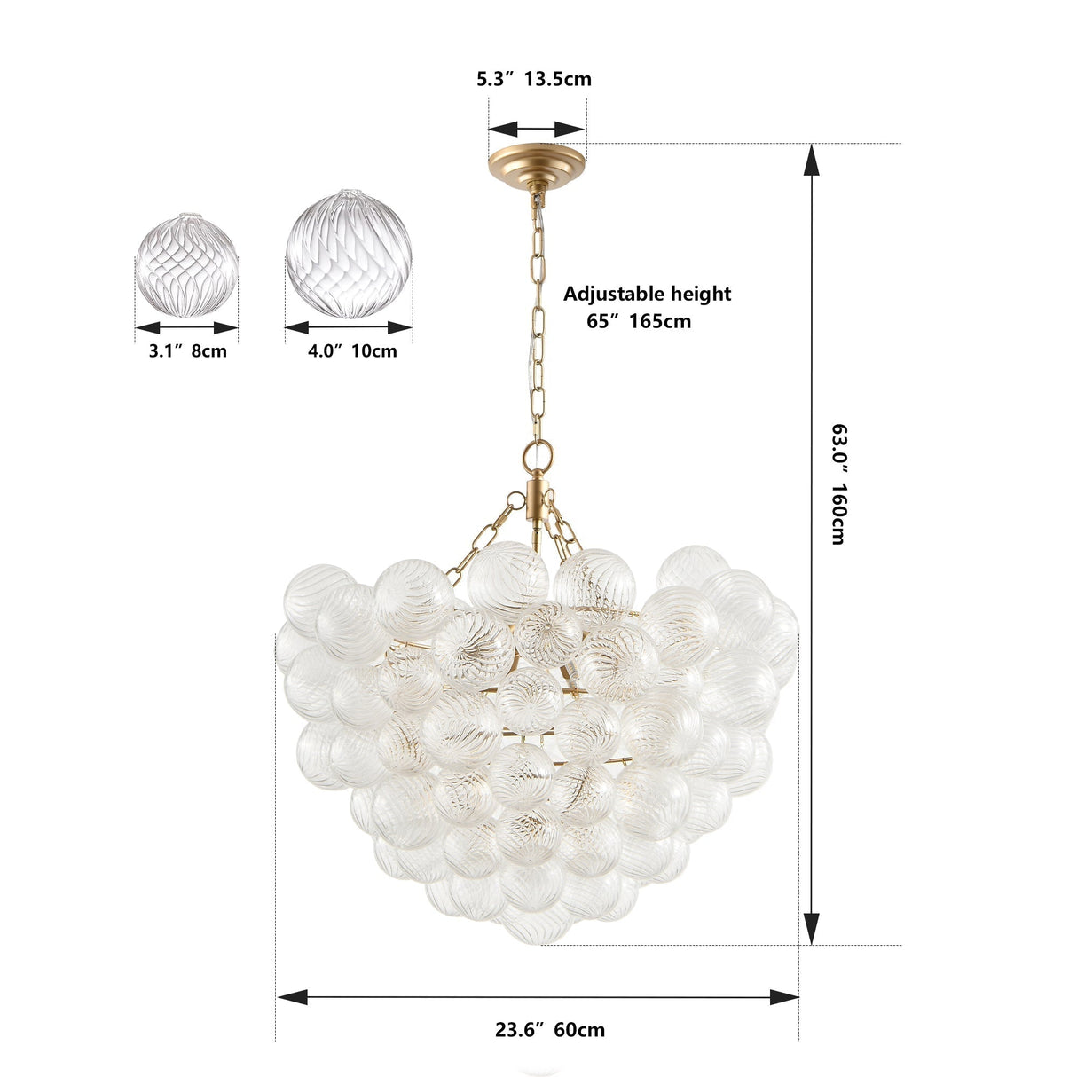 23.6-Inch Gold Pendant Light Chandelier with Threaded Clear Glass Globe Shade