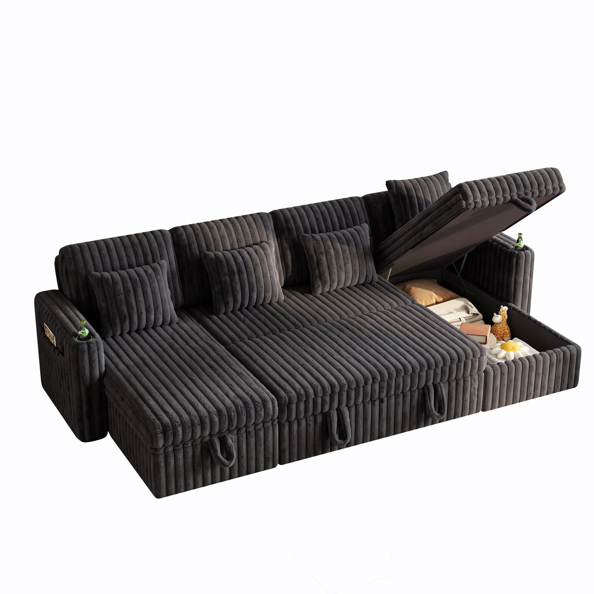 U Shaped Plush Corduroy Fluffy Sectional Sleeper Sofa
