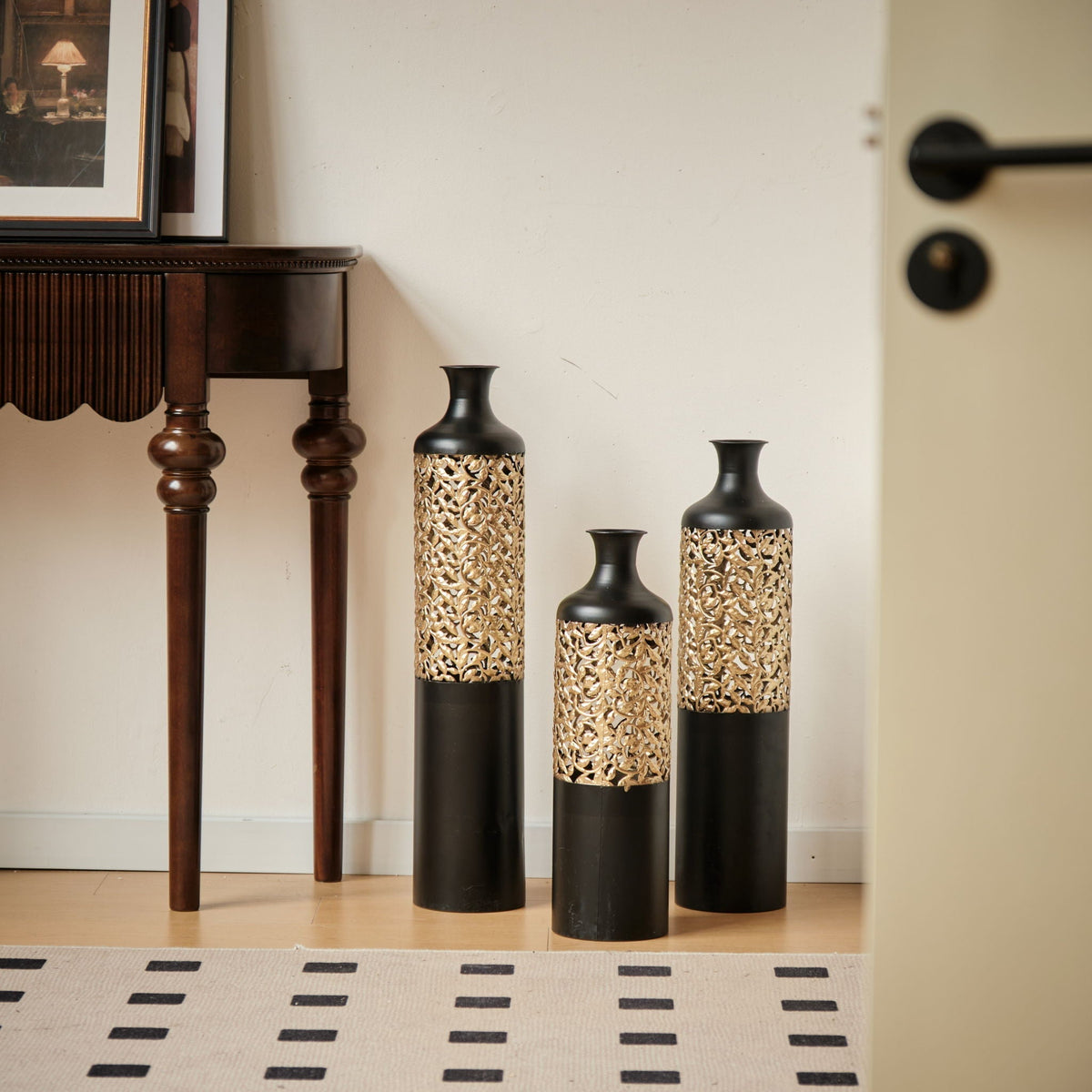 Floor Metal Vases Decorated Metal Vases (Set of 3) Gorgeous Home Decoration Large Glazed Metal Vases - Black / Gold
