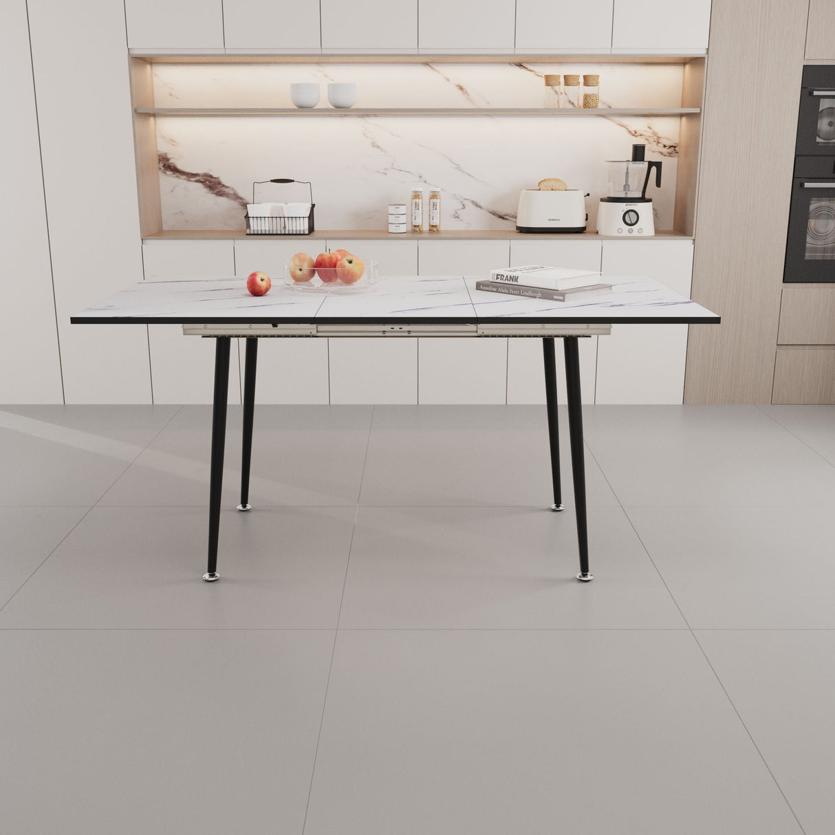 Modern Industrial Expandable Dining Table 47" To With Marble Pattern Top And Metal Legs - White