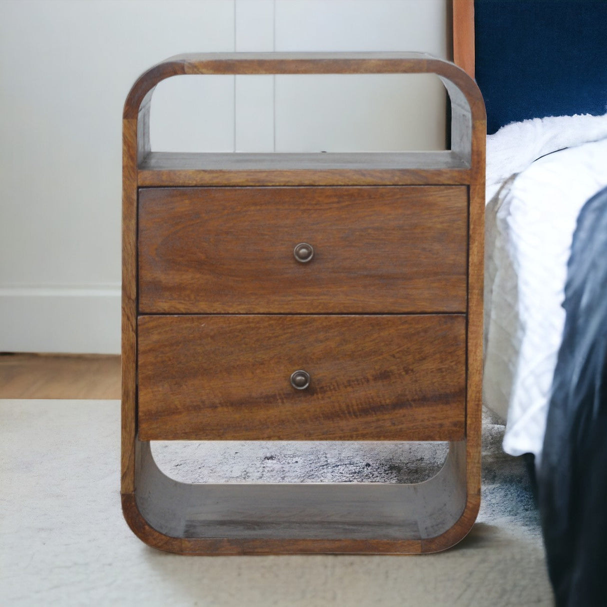 Solid Wood Chestnut Curve 2-Drawer Nightstand, 2 Open Slots