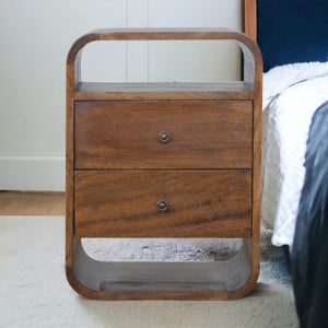 Solid Wood Chestnut Curve 2-Drawer Nightstand, 2 Open Slots