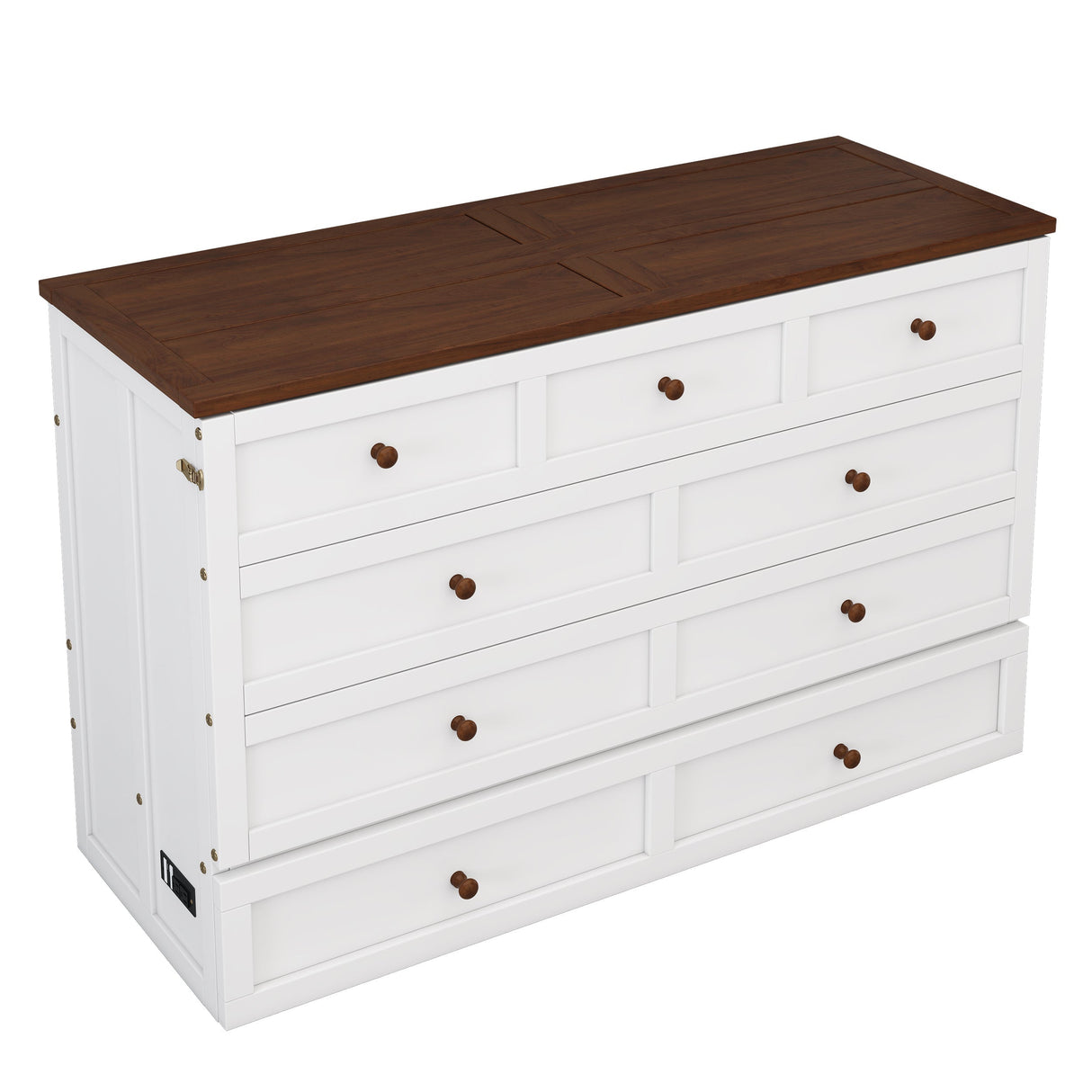 Solid Pine Murphy Bed Chest with Charging Station and Large Storage Drawer - Queen - White+Walnut