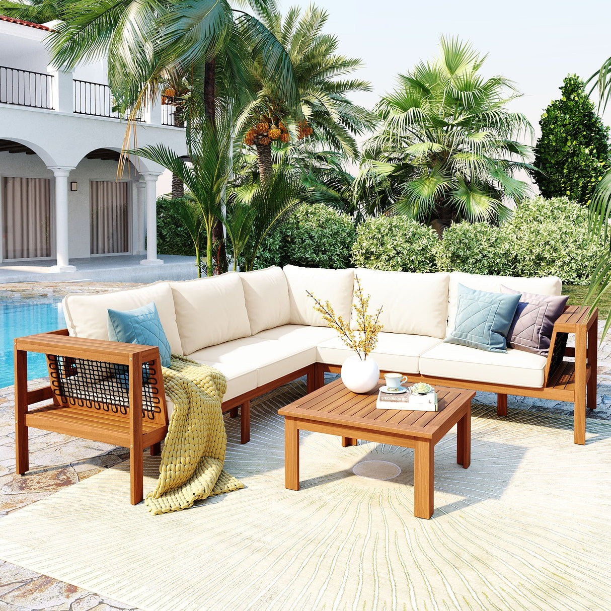 GO 4 Pieces Outdoor Acacia Wood Sofa Set with Coffee Table