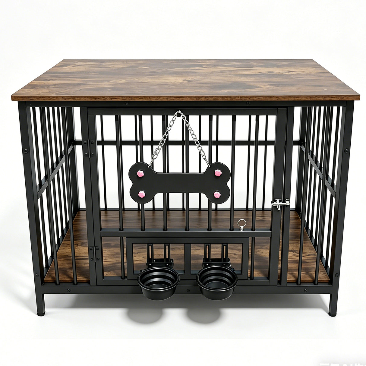 Vintage Wood Grain Dog Cage with Rotating Bowl