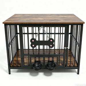 Vintage Wood Grain Dog Cage with Rotating Bowl