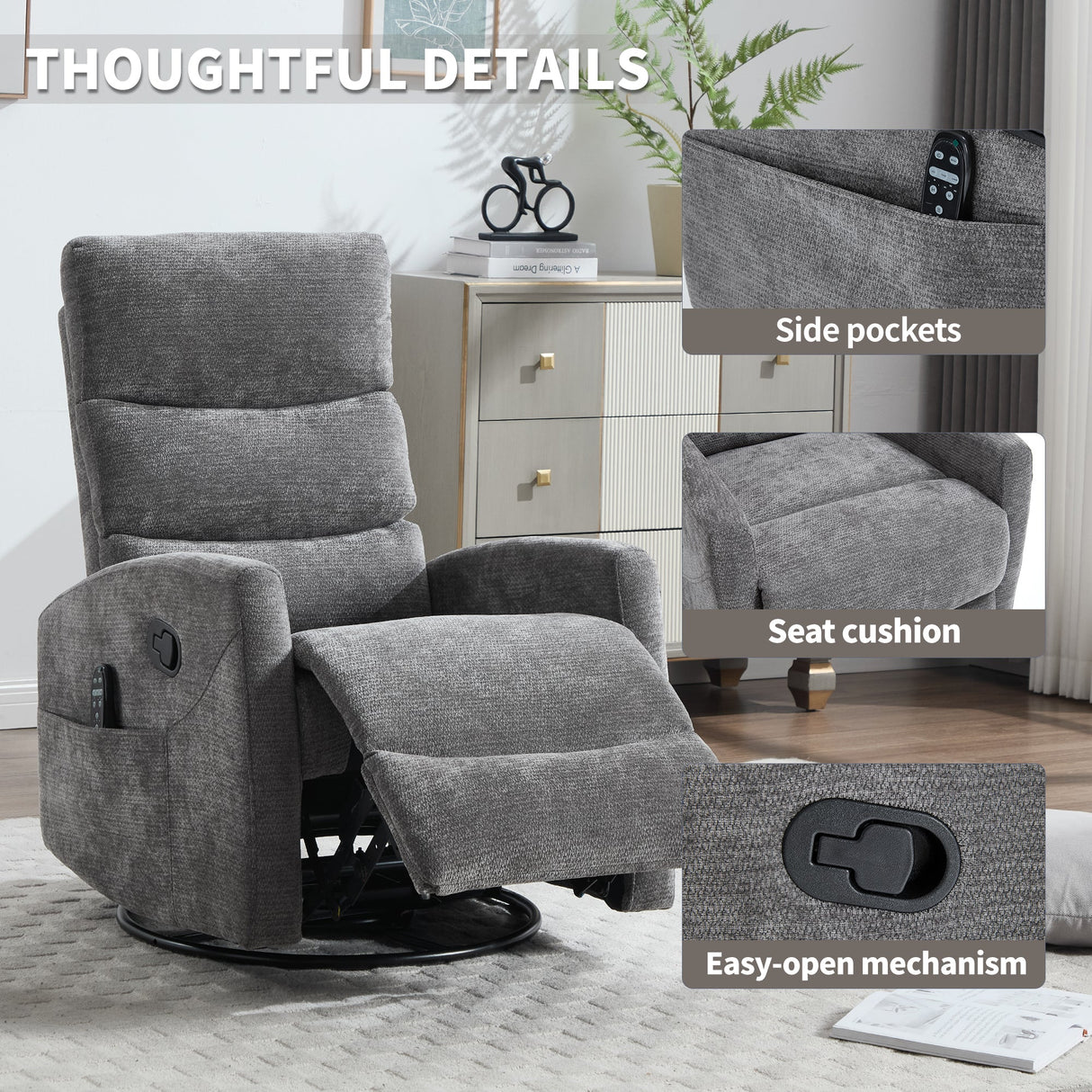 Heat Massage Manual Recliner Chair with Rocker and Swivel in Fabric