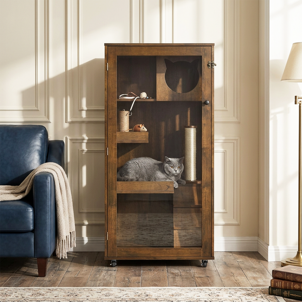 Basia Indoor Rubber Wood Cat Cabinet