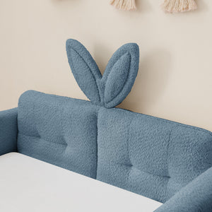 Twin Size Upholstered Platform Bed with Cute Rabbit Ear Shaped Headboard, with Safety Rail and Pocket, Boucle Fabric