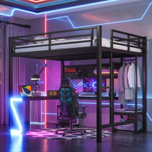 Queen Loft Bed with L-shaped Desk and USB Ports