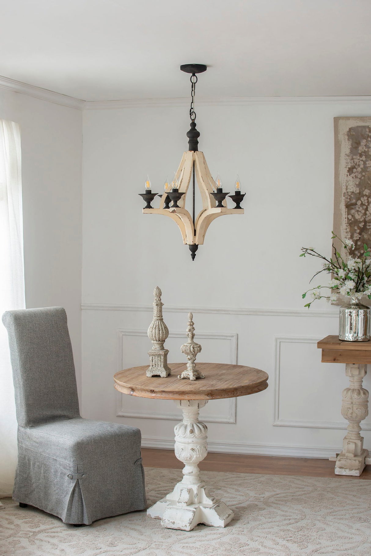 6 Light Wood Chandelier, Hanging Light Fixture With Adjustable Chain For Kitchen, Bulb Not Included - Cream