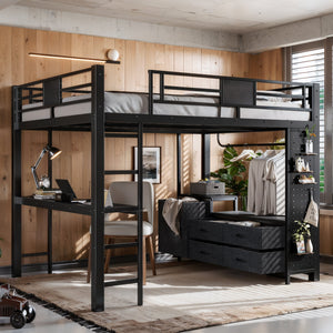 Queen Size Loft Bed with Desk & Shelves