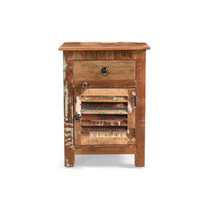 Recycled Wood Side Table With Drawer And Door - Natural