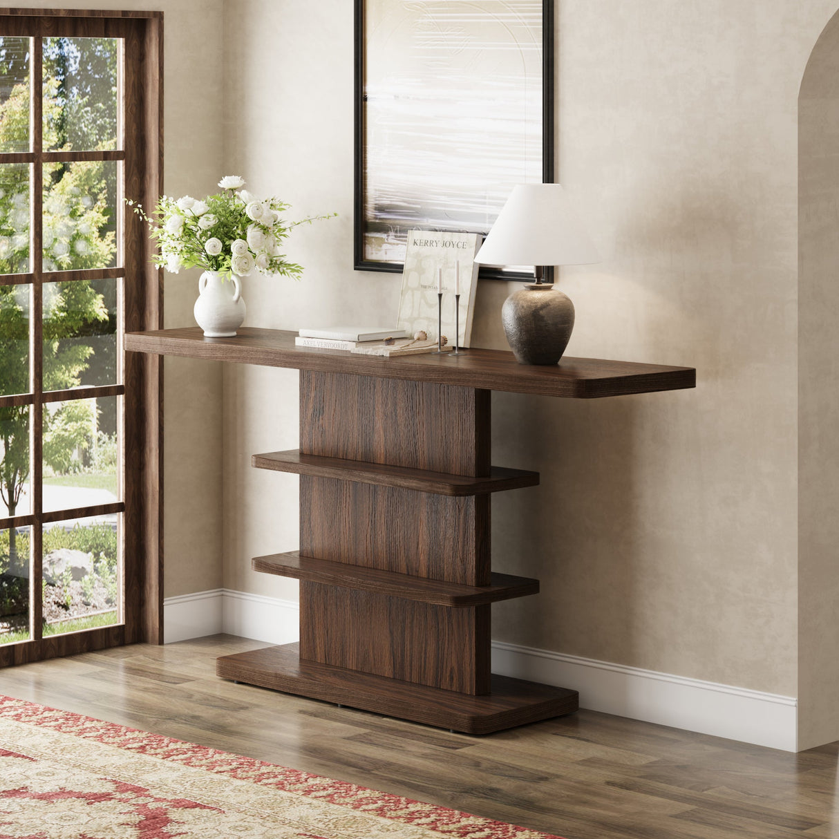 63" Vintage Narrow Console Table with 2 Tier Open Storage Shelves
