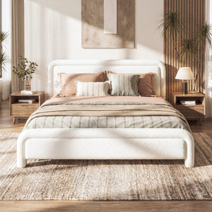 Queen Size Upholstered Platform Bed Frame with Curved Headboard