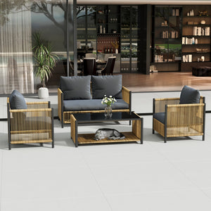 Patio 4-Piece Wicker Sofa Set with Grey Cushions - Brown