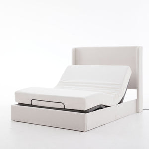 Caron - Queen Size Upholstered Wingback Bed With Adjustable Base Bundle Set - Ivory