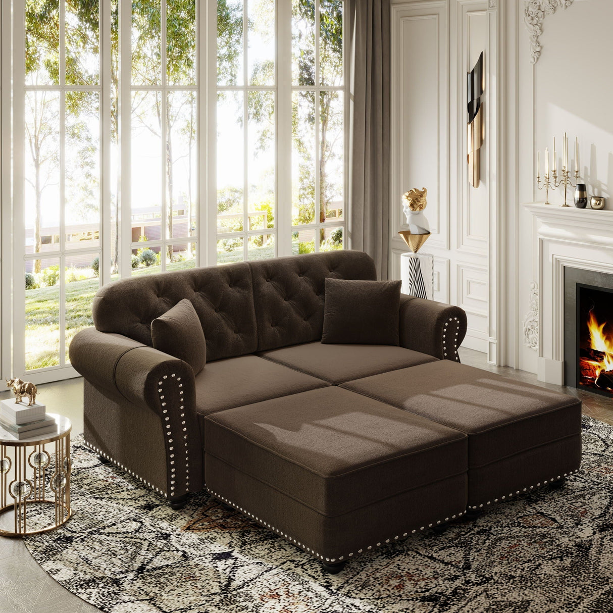 Upholstered Sofa Set With Nailhead Trim and Rolled Armrests, Includes Pillows