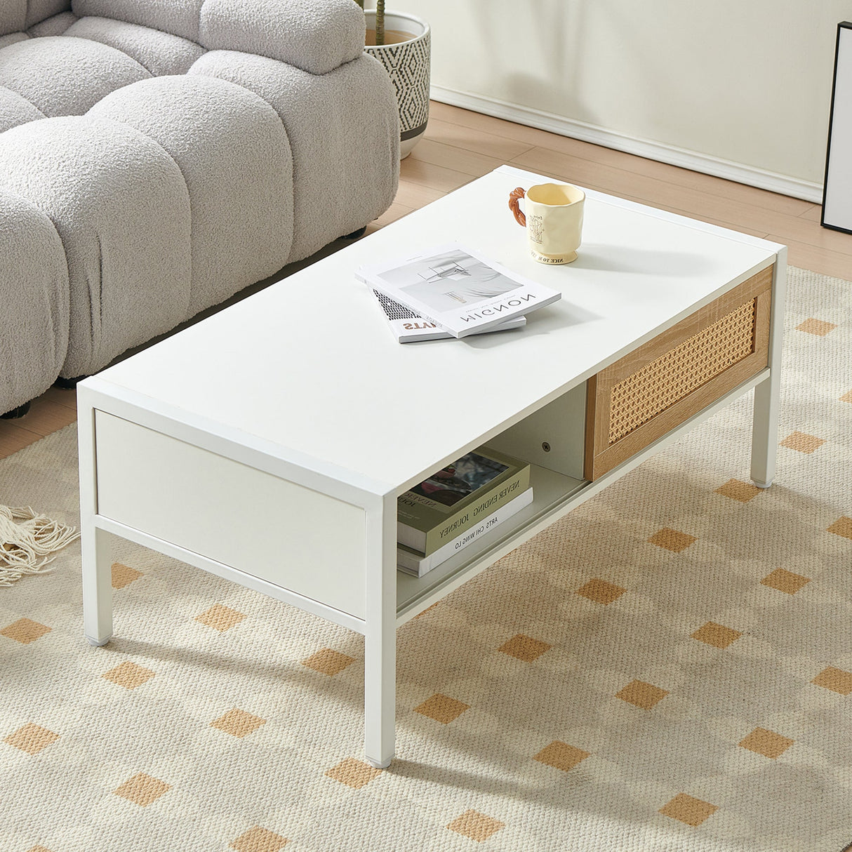 Modern Rattan Coffee Table with Sliding Door