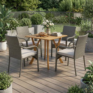 5 Piece Outdoor Dining Set, 31.5" Teak Finish Acacia Wood Table with 4 Chairs