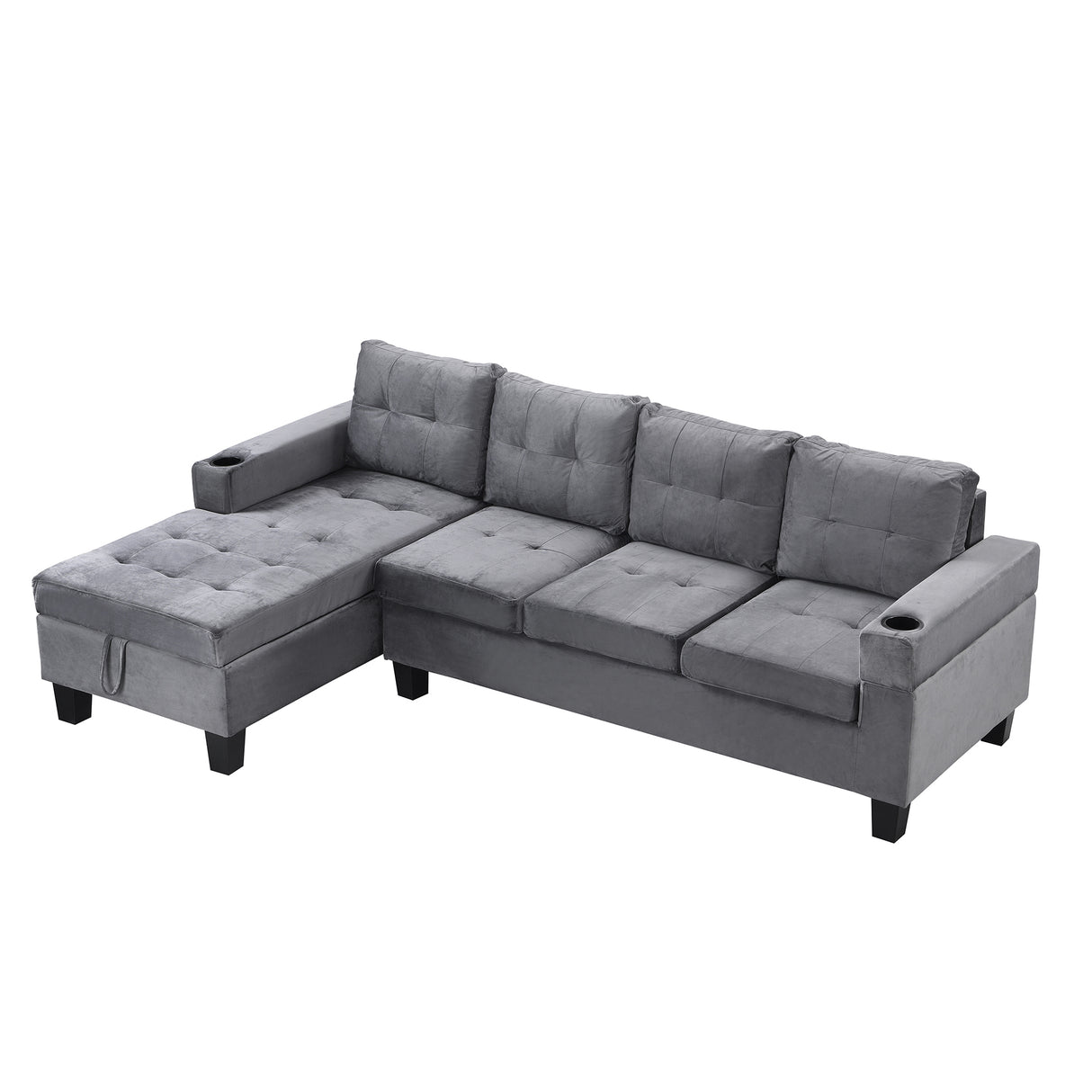 Modern-Sectional-Sofa-Set-with-L-Shape-Chaise-Lounge,-Cup-Holder,-and-Storage-in-Grey-Velvet-Fabric-Sofas-&-Sectionals