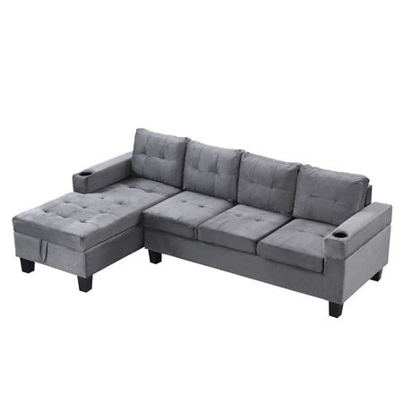 Modern-Sectional-Sofa-Set-with-L-Shape-Chaise-Lounge,-Cup-Holder,-and-Storage-in-Grey-Velvet-Fabric-Sofas-&-Sectionals