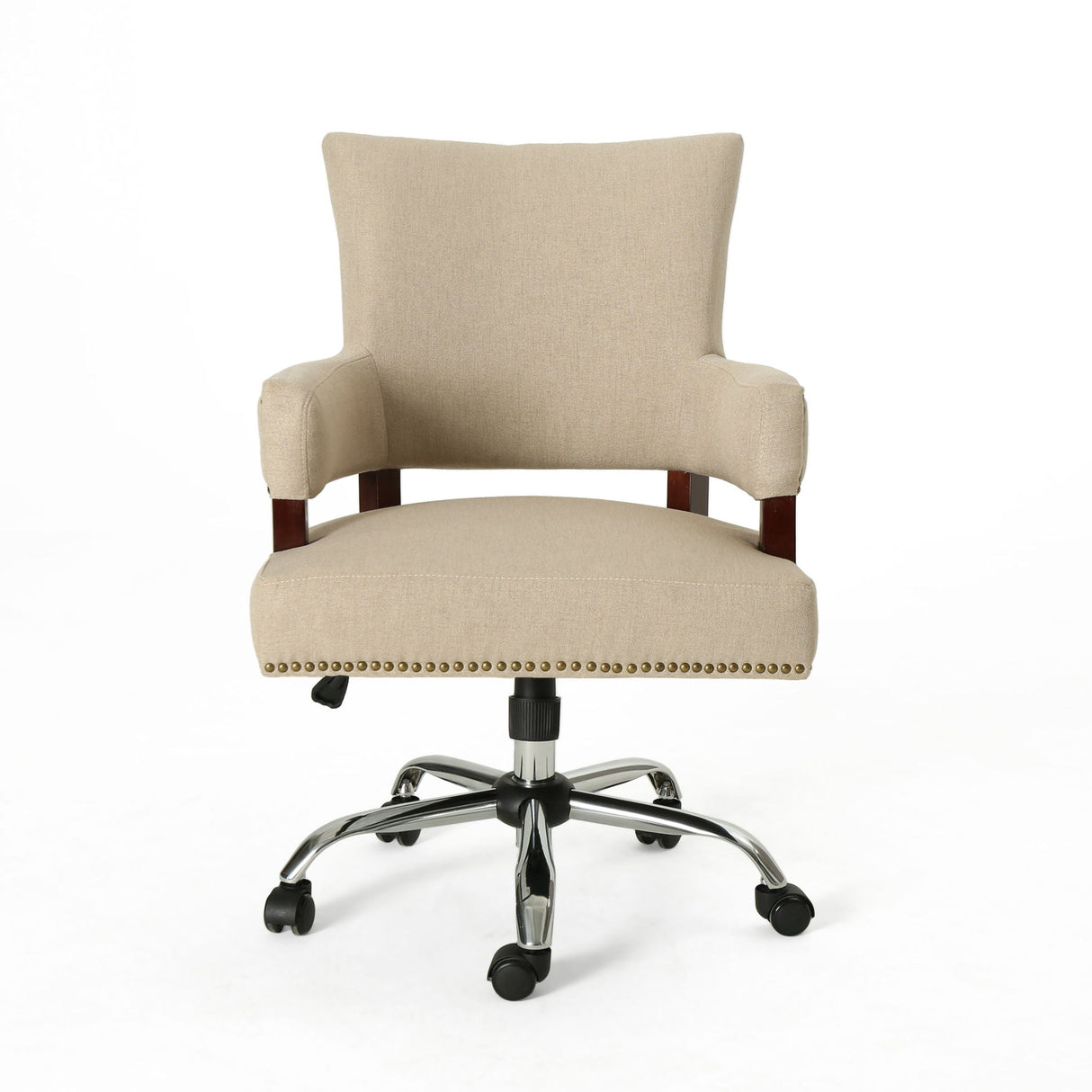 Zealous Upholstered Office Chair with Curved Arms and Nailhead Accents - Wheat